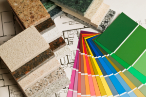 Home improvement and construction samples swatches blue prints