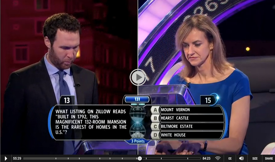 Zillow question on NBC's Million Second Quiz show. 